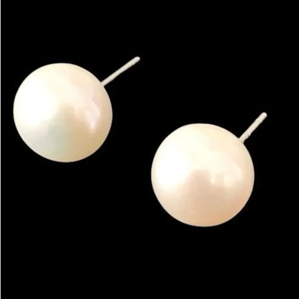 Men’s Large Freshwater Pearl Stud Earrings Silver Tone - 9-10mm